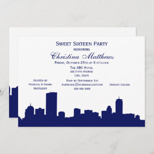 Invitation Boston Navy Skyline Silhouette Sweet 16 Party