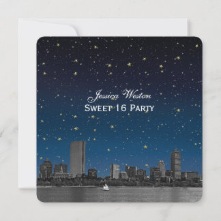 Invitation Boston Skyline Blue Étoilé Gravé Sweet 16