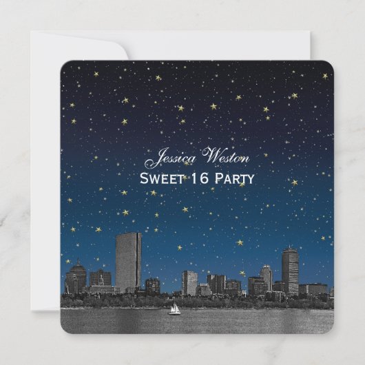 Invitation Boston Skyline Blue Starry Etched Sweet 16 (Devant)