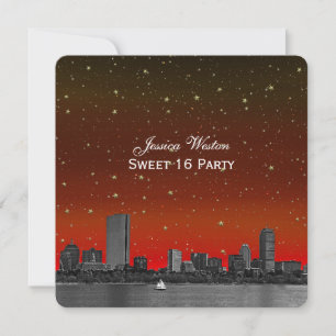 Invitation Boston Skyline Blue Starry Etched Sweet 16