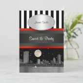 Invitation Boston Skyline BW Blk Wht Strp Red Sweet 16 Party (Debout devant)