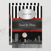 Invitation Boston Skyline BW Blk Wht Strp Red Sweet 16 Party (Devant / Derrière)