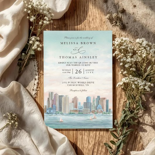 Invitation Boston Skyline Destination Elegant QR Code Wedding