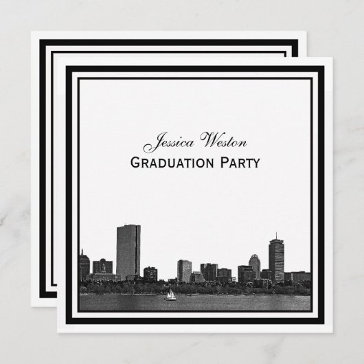 Invitation Boston Skyline Etched Frame de Graduation encadrée (Devant / Derrière)