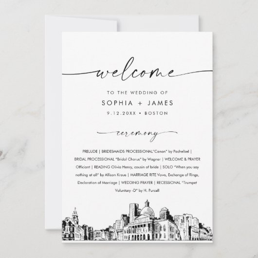 Invitation Boston Skyline Wedding Program 5x7 Flat Card (Devant)