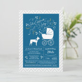 Invitation Boston Terrier Chien Baby shower Blue Boy (Debout devant)