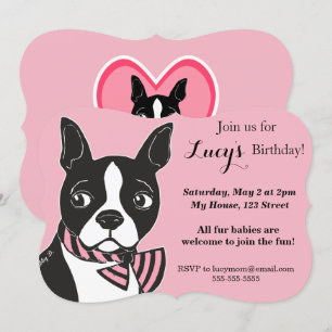Invitation Boston Terrier rose Anniversaire Personnalisé Invi