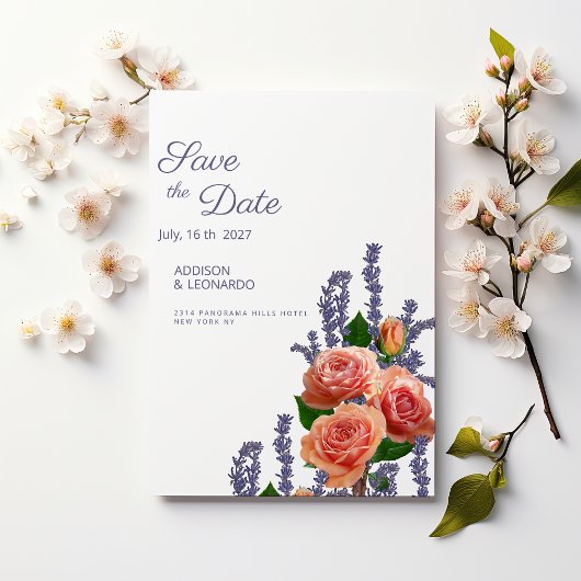 Invitation Botanic lavender peach rose flowers Save the Date 