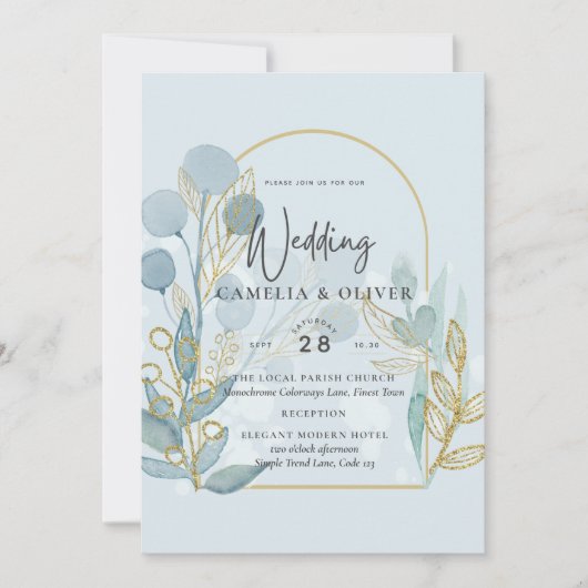 Invitation Botanica moderne; Aqua SeaGlass Gold Wedding Invit (Devant)