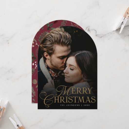 Invitation Botanical Arch Photo Red Christmas Holiday Card (Devant/Arrière en situation)