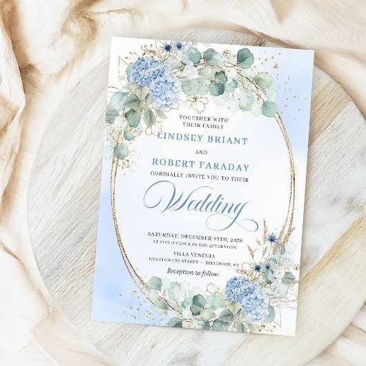 Invitation Botanical Blue Hydrangea Eucalyptus Wedding Invite