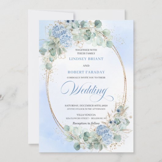 Invitation Botanical Blue Hydrangea Eucalyptus Wedding Invite (Devant)
