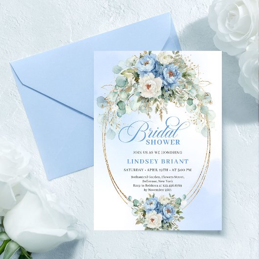 Invitation Botanical Blue Peony Eucalyptus Gold Bridal Shower