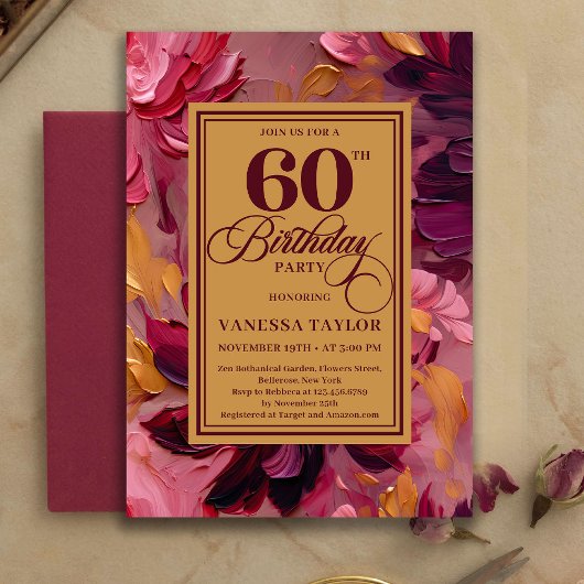 Invitation Botanical Boho 60th Birthday Burgundy Floral Gold