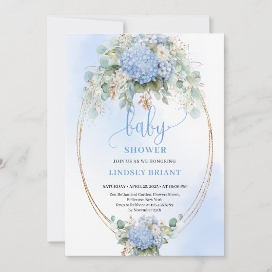 Invitation Botanical Boho Blue Hydrangea Baby Shower Invitati (Devant)