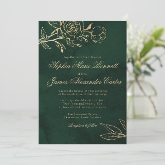 Invitation Botanical Emerald ang Gold Elegant Wedding (Debout devant)