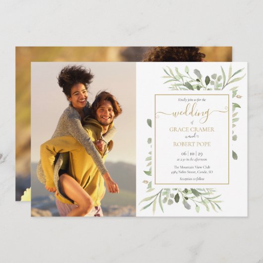 Invitation Botanical Green Photos Gold Script Mariage (Devant / Derrière)