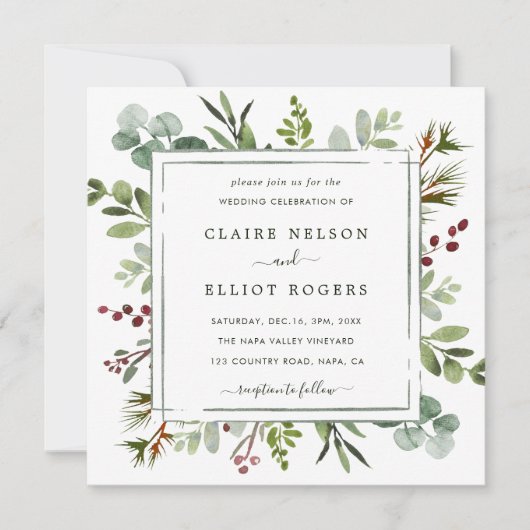 Invitation Botanical Greenery Mariage de Noël Carré (Devant)