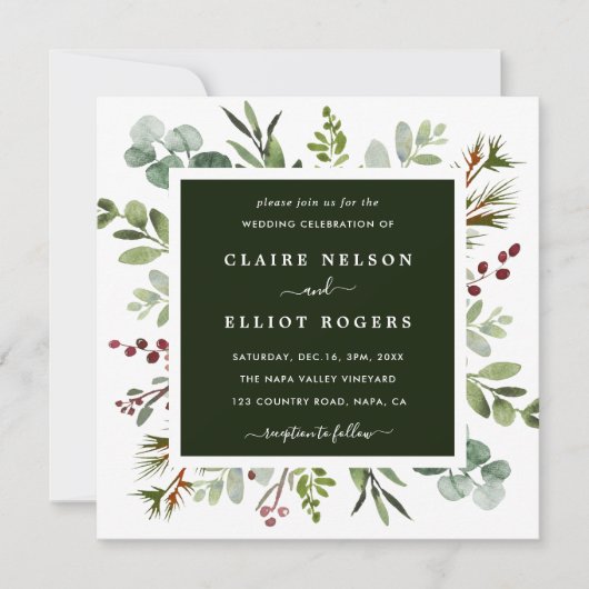 Invitation Botanical Greenery Mariage de Noël Carré (Devant)