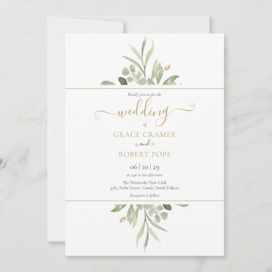 Invitation Botanical Greenery Photo Gold Script Mariage (Devant)