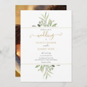 Invitation Botanical Greenery Photo Gold Script Mariage (Devant / Derrière)