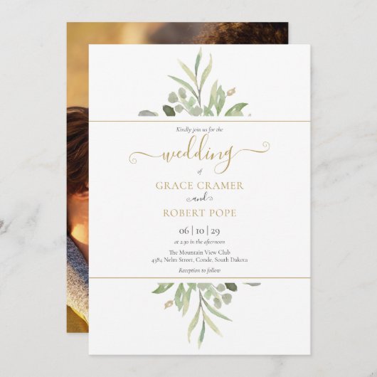 Invitation Botanical Greenery Photo Gold Script Mariage (Devant / Derrière)
