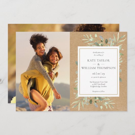 Invitation Botanical Greenery Rustic Kraft Photos Mariage (Devant / Derrière)
