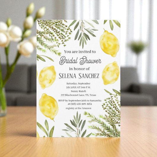 Invitation Botanical Herbs Lemons Watercolor Bridal Shower