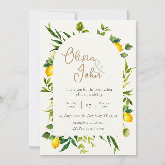 Invitation Botanical Lemon Citrus Wreath Greenery Wedding (Devant)