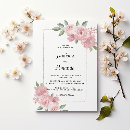 Invitation Botanical mint green pastel pink floral Wedding