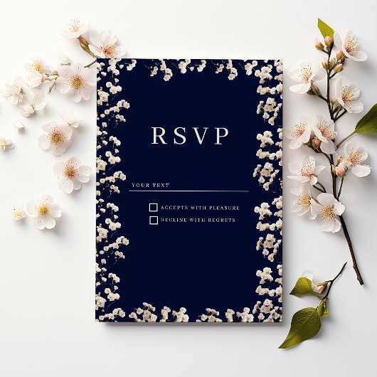Invitation Botanical navy blue ivory gypsophila floral RSVP 
