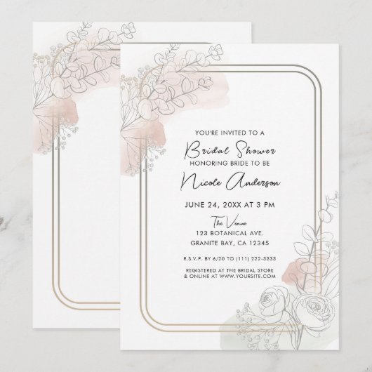 Invitation Botanical Outline Sage Blush Floral Bridal Shower (Devant / Derrière)