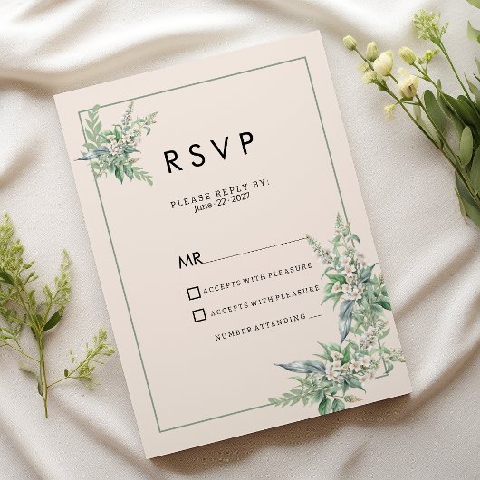 Invitation Botanical pink mint ivory floral RSVP