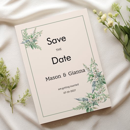 Invitation Botanical pink mint ivory floral Save the Date