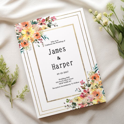 Invitation Botanical pink orange gold floral country Wedding 