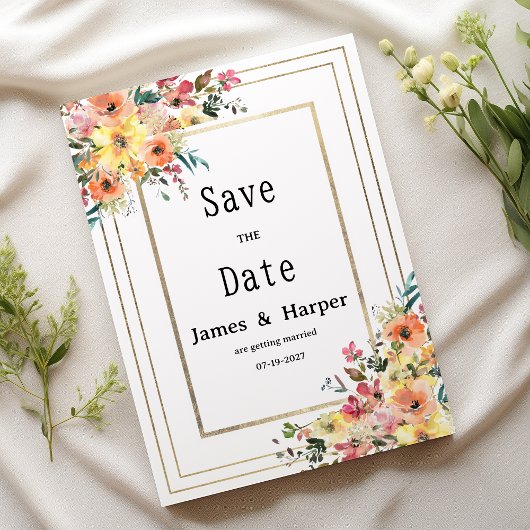 Invitation Botanical pink orange gold floral Save the Date