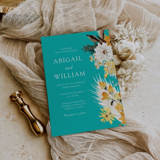 Invitation Botanical Sunshine Garden Florals Teal Wedding
