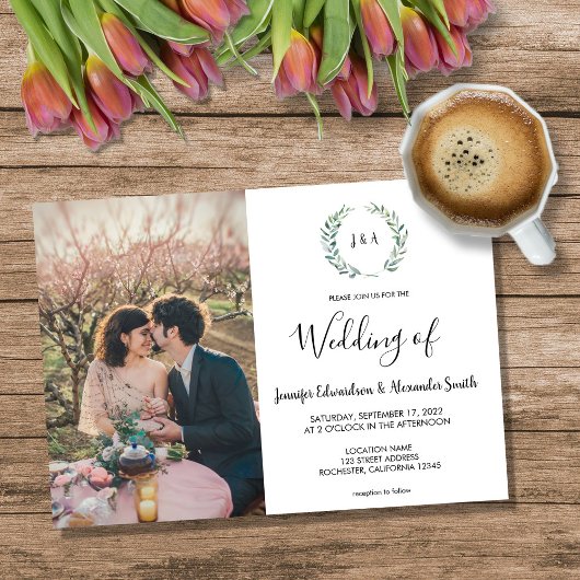Invitation Botanical watercolor leaves monogram photo Wedding