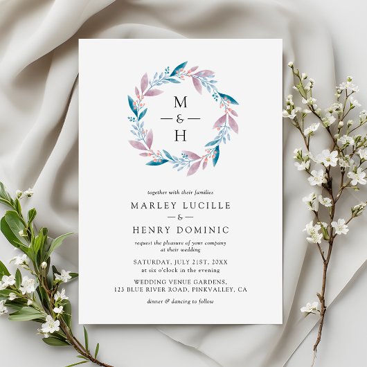 Invitation Botanical Wreath Monogram Spring Garden Wedding