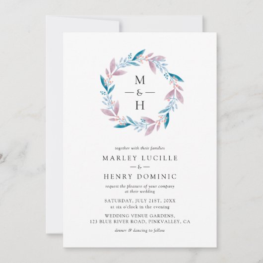 Invitation Botanical Wreath Monogram Spring Garden Wedding (Devant)
