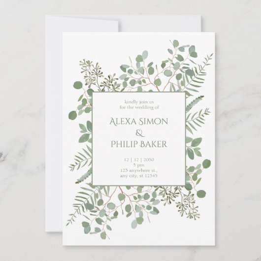 Invitation Botanique avec branches vertes mariage (Devant)
