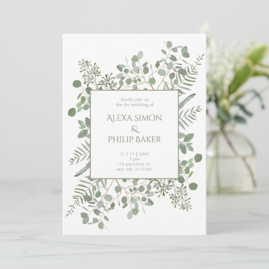 Invitation Botanique avec branches vertes mariage (Debout devant)