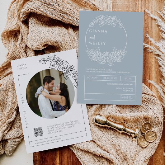 Invitation Botanique bleu Dusty Line Art Boho QR Code Photo