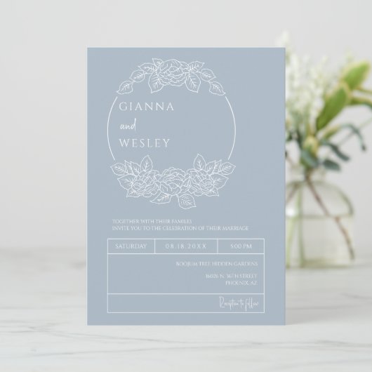 Invitation Botanique bleu Dusty Line Art Boho QR Code Photo (Debout devant)
