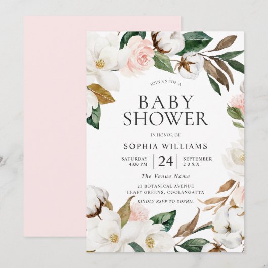 Invitation Botanique Blush White Floral Baby shower de couron (Devant / Derrière)
