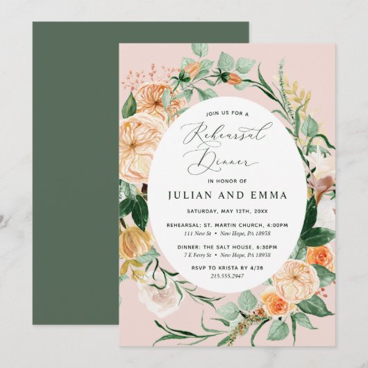Invitation Botanique Boho Pastel Blush Pink Rehearer Dîner (Devant / Derrière)