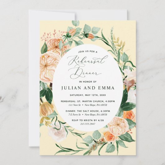 Invitation Botanique Boho Pastel Dîner de répétition Jaune (Devant)