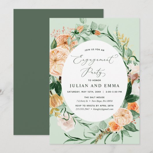 Invitation Botanique Boho Pastel Green Engagement (Devant / Derrière)
