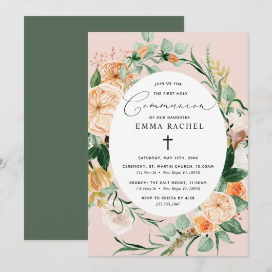 Invitation Botanique Boho Personnalisé Blush Pink Communion (Devant / Derrière)