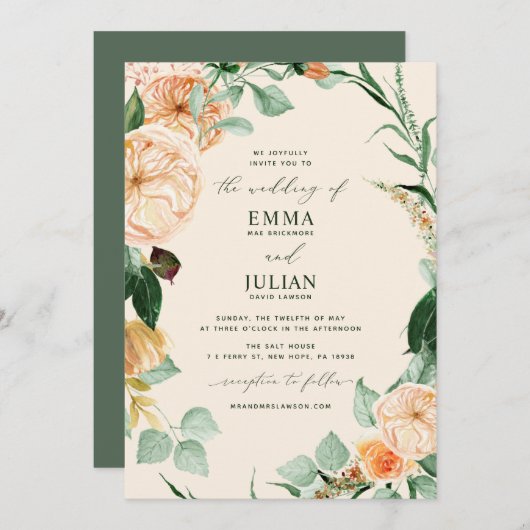Invitation Botanique Boho verdure Élégant Mariage de pêche (Devant / Derrière)